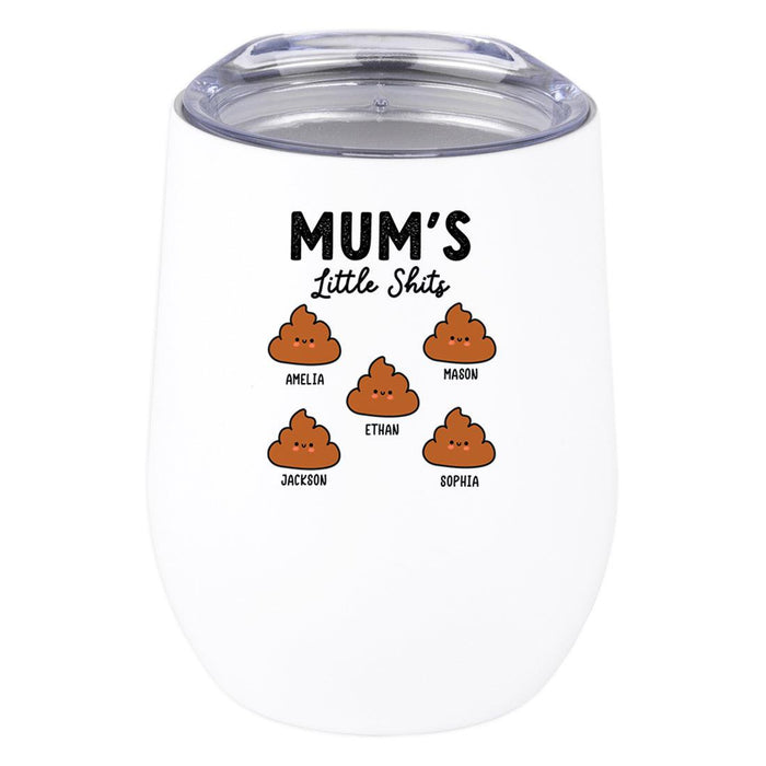 Custom Mother's Day Wine Tumbler with Lid 12oz Stemless Stainless Steel Insulated-Set of 1-Andaz Press-Mum's Little Shits Custom Names-