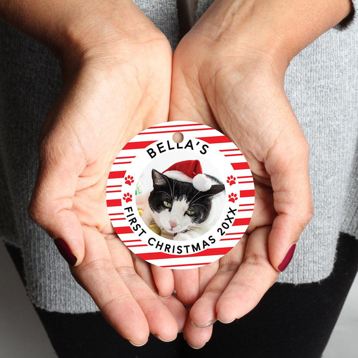 Custom My First Christmas Cat Photo Ornament 20XX, 3.5" Round Metal Ornament, for Cat Lovers-Set of 1-Andaz Press-Candy Cane Striped First Christmas-