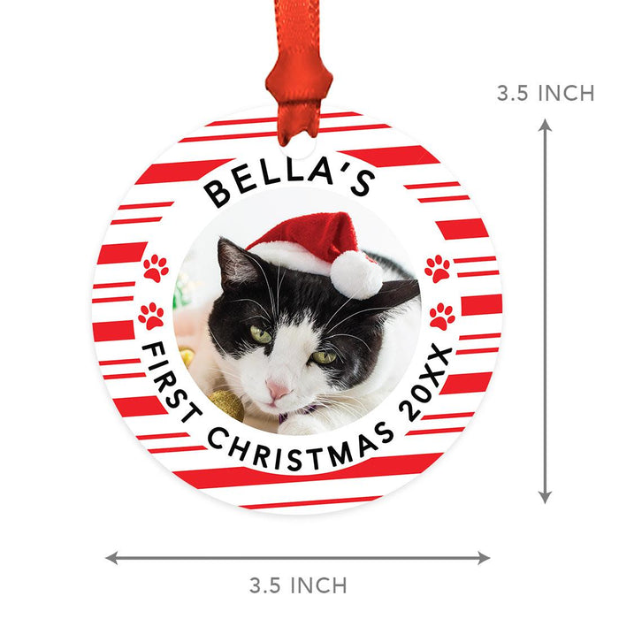 Custom My First Christmas Cat Photo Ornament 20XX, 3.5" Round Metal Ornament, for Cat Lovers-Set of 1-Andaz Press-Candy Cane Striped First Christmas-