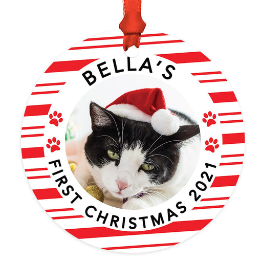 Custom My First Christmas Cat Photo Ornament 20XX, 3.5" Round Metal Ornament, for Cat Lovers-Set of 1-Andaz Press-Candy Cane Striped First Christmas-