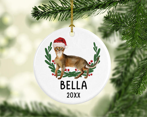 Custom Name Cat Ornament 20xx Round Porcelain Cat with Holly Wreath for Cat Lovers-Set of 1-Andaz Press-Abysinnian with Holly Wreath-