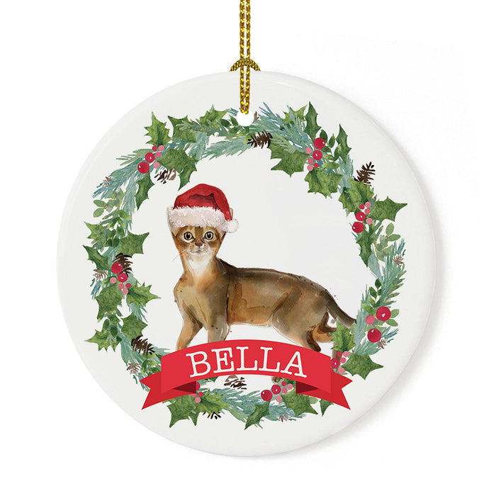 Custom Name Cat Ornament 20xx Round Porcelain Cat with Holly Wreath for Cat Lovers-Set of 1-Andaz Press-Abysinnian-