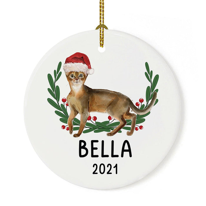 Custom Name Cat Ornament 20xx Round Porcelain Cat with Holly Wreath for Cat Lovers-Set of 1-Andaz Press-Abysinnian with Holly Wreath-