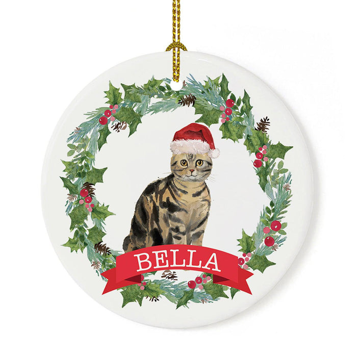 Custom Name Cat Ornament 20xx Round Porcelain Cat with Holly Wreath for Cat Lovers-Set of 1-Andaz Press-American Shorthair Tabby-
