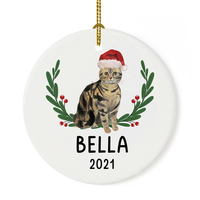 Custom Name Cat Ornament 20xx Round Porcelain Cat with Holly Wreath for Cat Lovers-Set of 1-Andaz Press-American Shorthair Tabby with Holly Wreath-