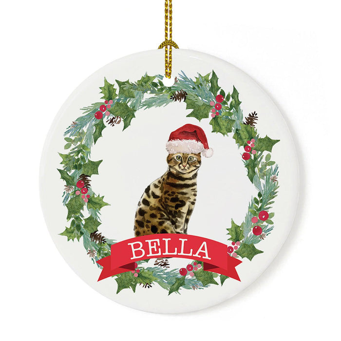 Custom Name Cat Ornament 20xx Round Porcelain Cat with Holly Wreath for Cat Lovers-Set of 1-Andaz Press-Bengal-