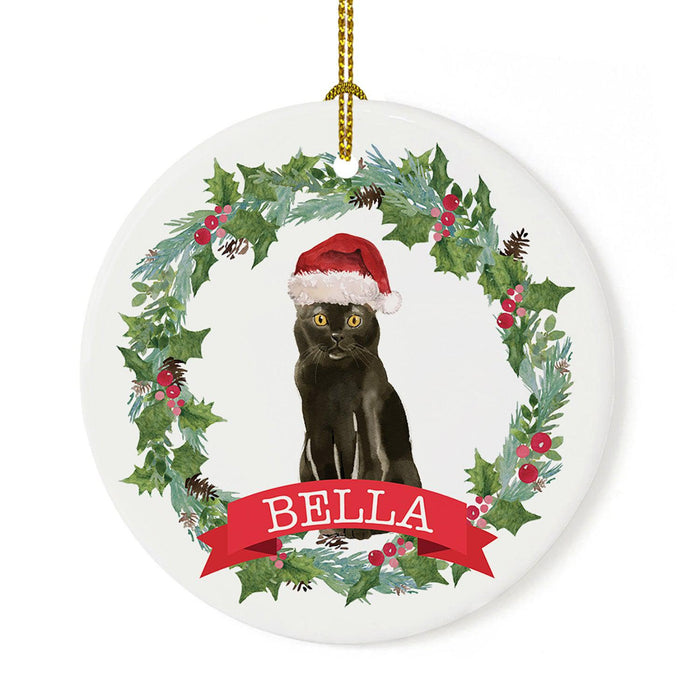 Custom Name Cat Ornament 20xx Round Porcelain Cat with Holly Wreath for Cat Lovers-Set of 1-Andaz Press-Bombay-