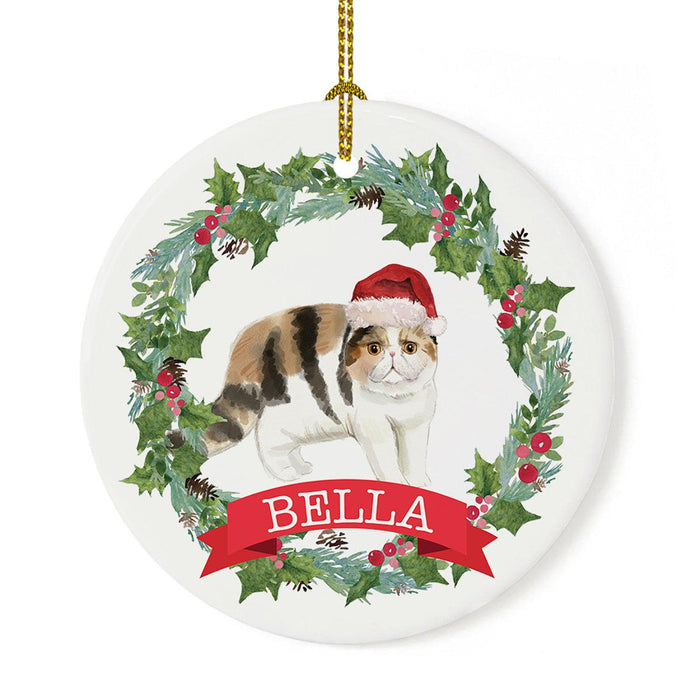 Custom Name Cat Ornament 20xx Round Porcelain Cat with Holly Wreath for Cat Lovers-Set of 1-Andaz Press-Exotic Shorthair-