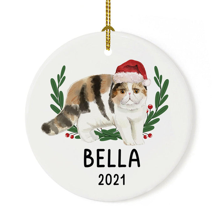 Custom Name Cat Ornament 20xx Round Porcelain Cat with Holly Wreath for Cat Lovers-Set of 1-Andaz Press-Exotic Shorthair with Holly Wreath-
