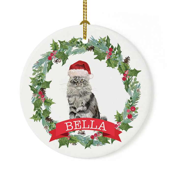 Custom Name Cat Ornament 20xx Round Porcelain Cat with Holly Wreath for Cat Lovers-Set of 1-Andaz Press-Maine Coon-