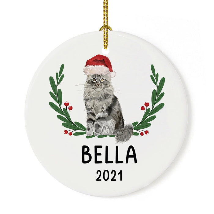 Custom Name Cat Ornament 20xx Round Porcelain Cat with Holly Wreath for Cat Lovers-Set of 1-Andaz Press-Maine Coon with Holly Wreath-