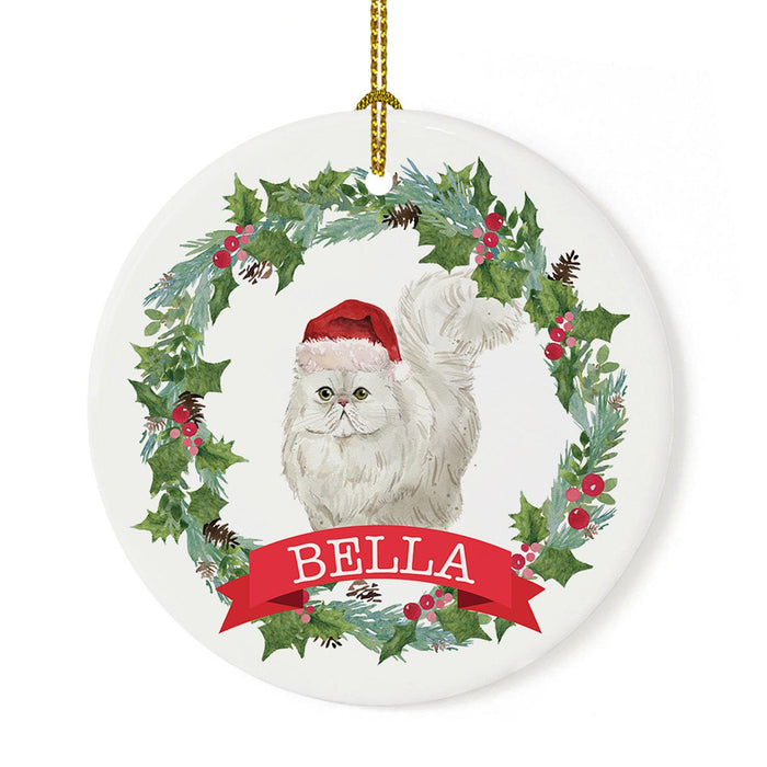 Custom Name Cat Ornament 20xx Round Porcelain Cat with Holly Wreath for Cat Lovers-Set of 1-Andaz Press-Persian-