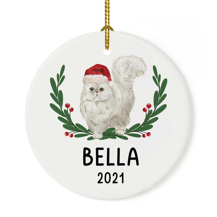 Custom Name Cat Ornament 20xx Round Porcelain Cat with Holly Wreath for Cat Lovers-Set of 1-Andaz Press-Persian with Holly Wreath-