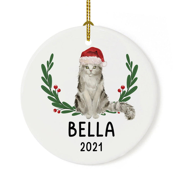 Custom Name Cat Ornament 20xx Round Porcelain Cat with Holly Wreath for Cat Lovers-Set of 1-Andaz Press-Ragamuffin with Holly Wreath-