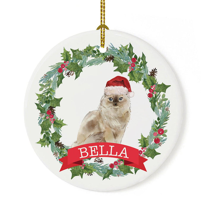 Custom Name Cat Ornament 20xx Round Porcelain Cat with Holly Wreath for Cat Lovers-Set of 1-Andaz Press-Ragdoll-