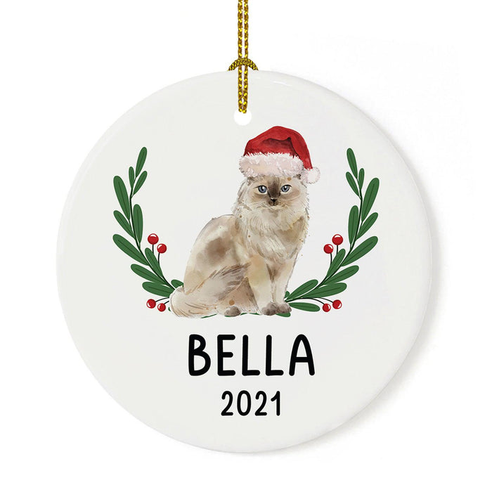 Custom Name Cat Ornament 20xx Round Porcelain Cat with Holly Wreath for Cat Lovers-Set of 1-Andaz Press-Ragdoll with Holly Wreath-