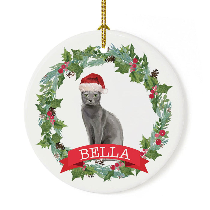 Custom Name Cat Ornament 20xx Round Porcelain Cat with Holly Wreath for Cat Lovers-Set of 1-Andaz Press-Russian Blue-