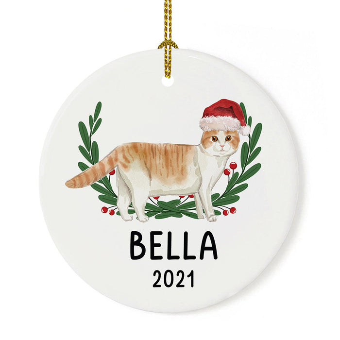 Custom Name Cat Ornament 20xx Round Porcelain Cat with Holly Wreath for Cat Lovers-Set of 1-Andaz Press-Scottish Fold with Holly Wreath-