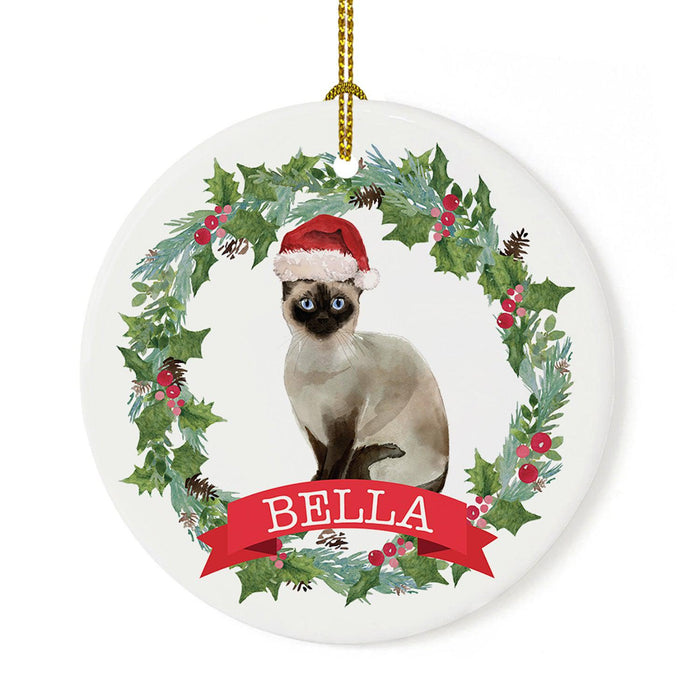 Custom Name Cat Ornament 20xx Round Porcelain Cat with Holly Wreath for Cat Lovers-Set of 1-Andaz Press-Siamese Cat-