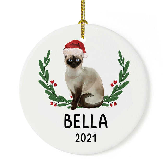 Custom Name Cat Ornament 20xx Round Porcelain Cat with Holly Wreath for Cat Lovers-Set of 1-Andaz Press-Siamese Cat with Holly Wreath-