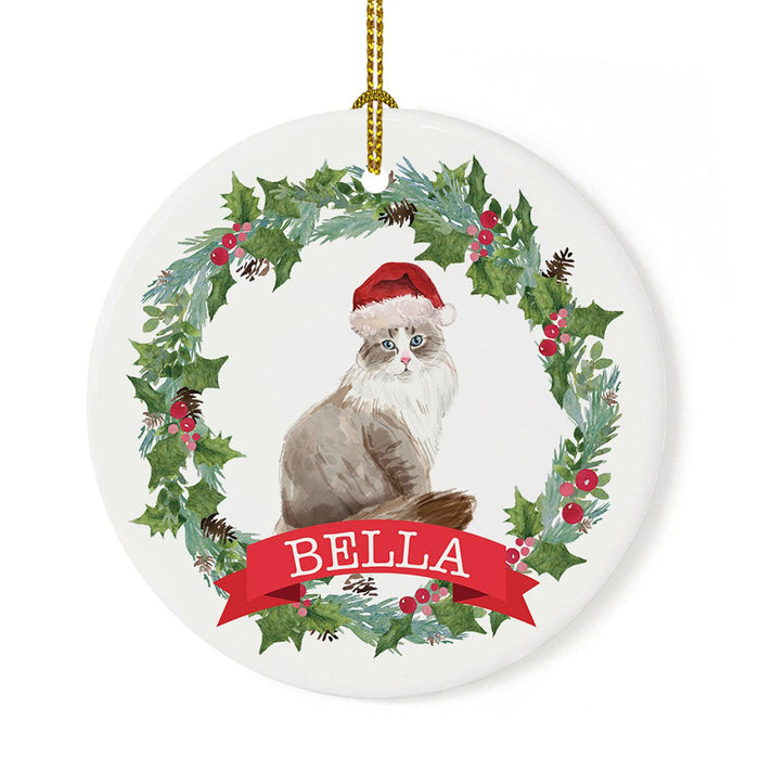 Custom Name Cat Ornament 20xx Round Porcelain Cat with Holly Wreath for Cat Lovers-Set of 1-Andaz Press-Siberian-