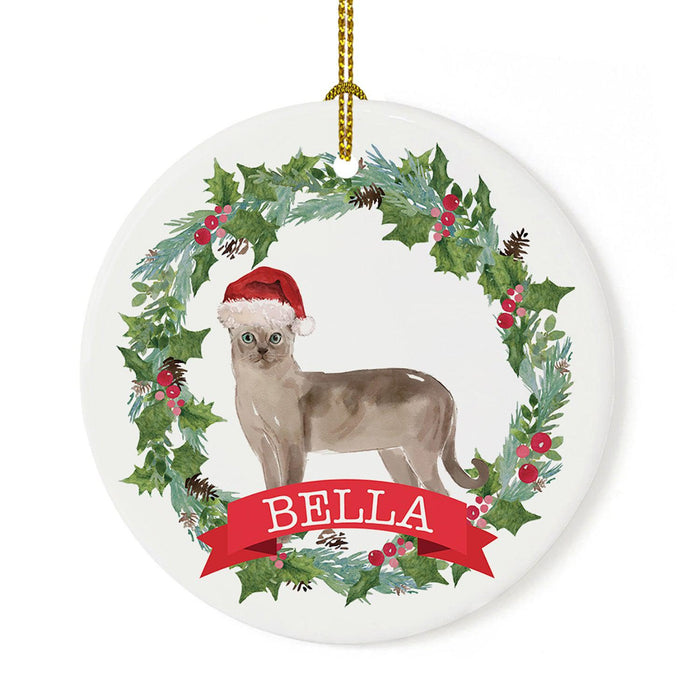 Custom Name Cat Ornament 20xx Round Porcelain Cat with Holly Wreath for Cat Lovers-Set of 1-Andaz Press-Tonkinese-