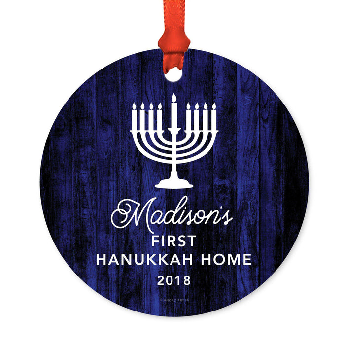 Custom Name Hanukkah Metal Ornament, Our First Hanukkah, Includes Ribbon and Gift Bag-Set of 1-Andaz Press-Baby Adoption Family Custom-