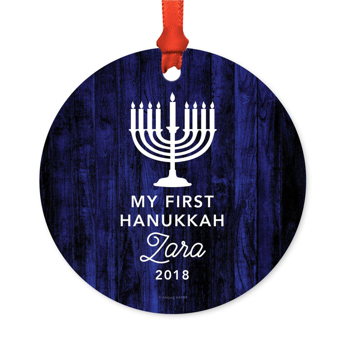 Custom Name Hanukkah Metal Ornament, Our First Hanukkah, Includes Ribbon and Gift Bag-Set of 1-Andaz Press-Baby My First Christmas Custom-