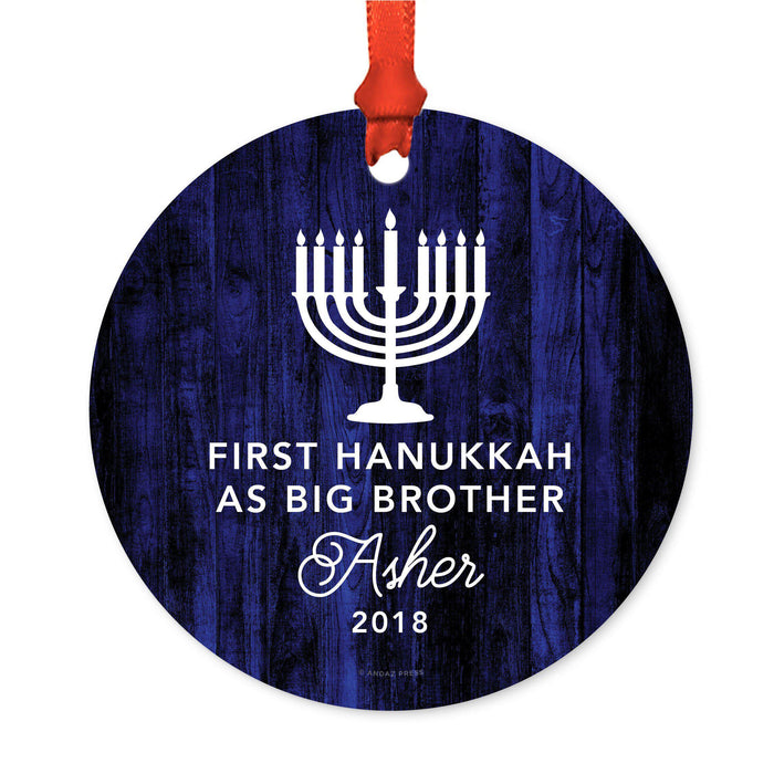Custom Name Hanukkah Metal Ornament, Our First Hanukkah, Includes Ribbon and Gift Bag-Set of 1-Andaz Press-Big Brother Custom-