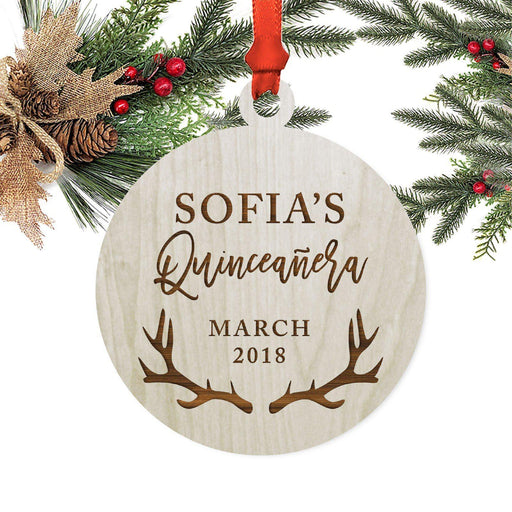 Custom Name Laser Engraved Wood Christmas Ornament, Deer Antlers-Set of 1-Andaz Press-Quinceañera-