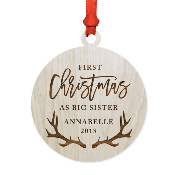 Custom Name Laser Engraved Wood Christmas Ornament, Deer Antlers-Set of 1-Andaz Press-Big Sister-