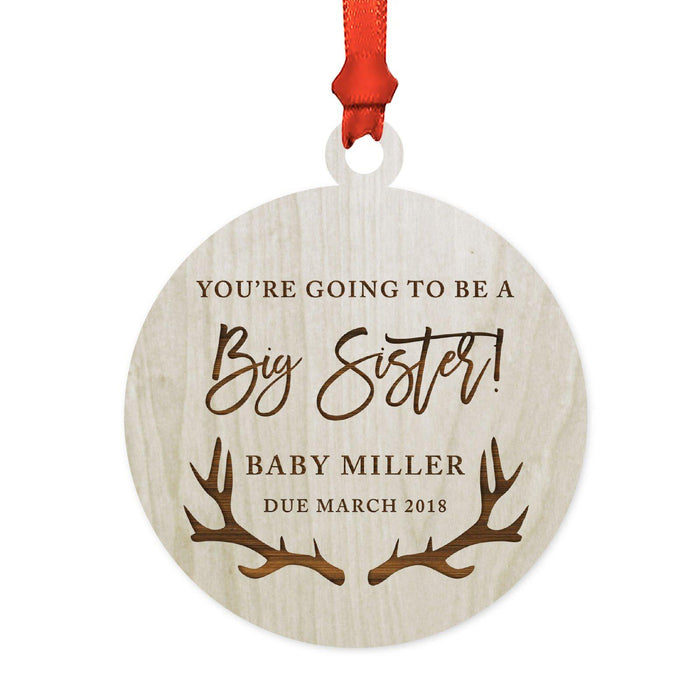 Custom Name Laser Engraved Wood Christmas Ornament, Deer Antlers-Set of 1-Andaz Press-Big Sister Going To Be-