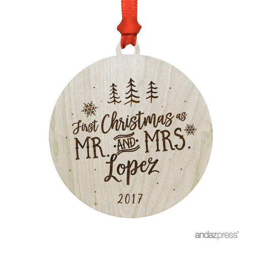 Custom Name Laser Engraved Wood Christmas Ornament, First Christmas as Mr. & Mrs. Year-Set of 1-Andaz Press-Mr. & Mrs Ornament-
