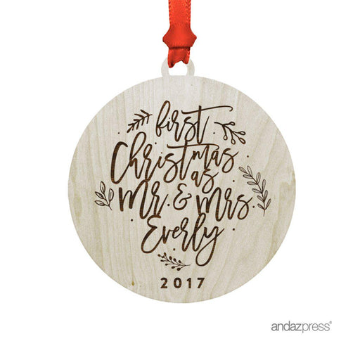 Custom Name Laser Engraved Wood Christmas Ornament, First Christmas as Mr. & Mrs. Year-Set of 1-Andaz Press-Mr. & Mrs-