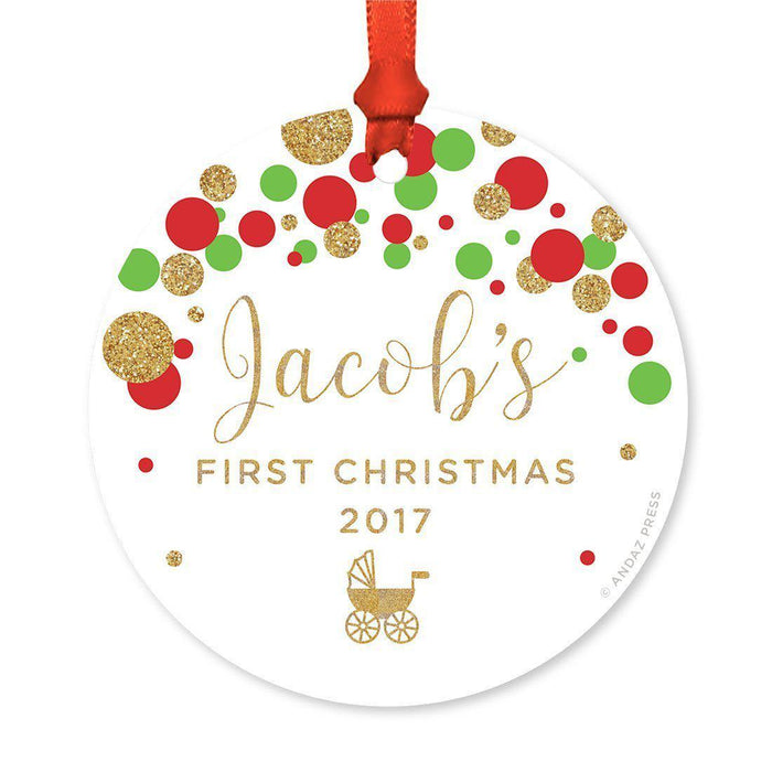 Custom Name Metal Christmas Ornament, Baby's First Christmas, Red Green and Gold Glittering Confetti Polka Dots-Set of 1-Andaz Press-