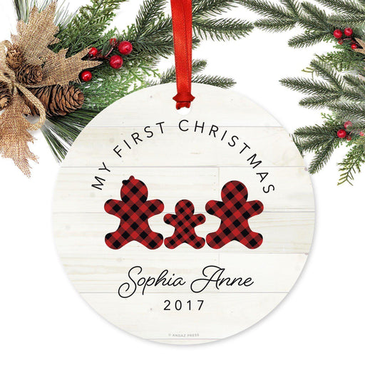 Custom Name Metal Christmas Ornament, My First Christmas, Lumberjack Buffalo Red Plaid-Set of 1-Andaz Press-Sophia Anne-