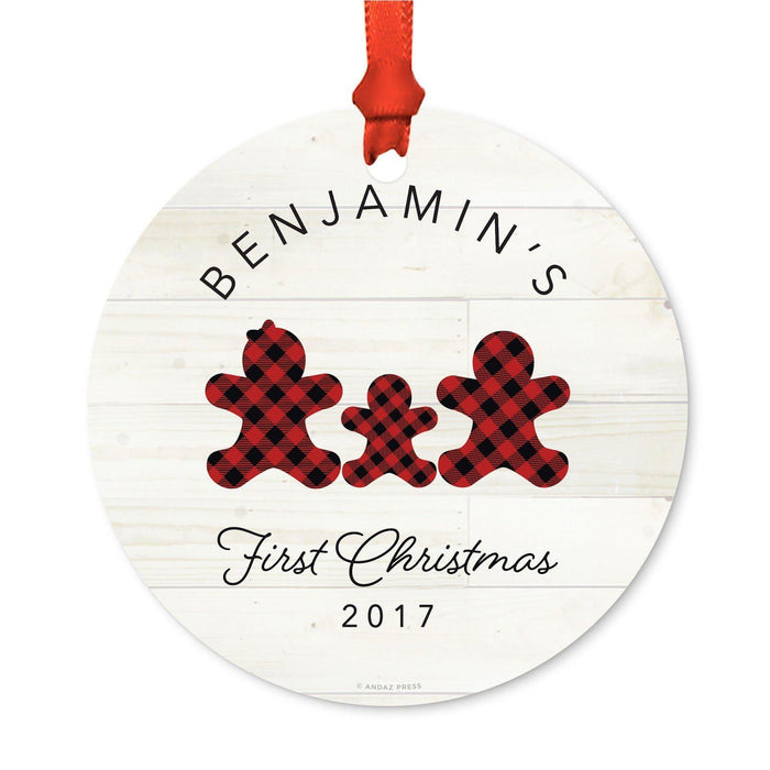 Custom Name Metal Christmas Ornament, My First Christmas, Lumberjack Buffalo Red Plaid-Set of 1-Andaz Press-Sophia Anne-