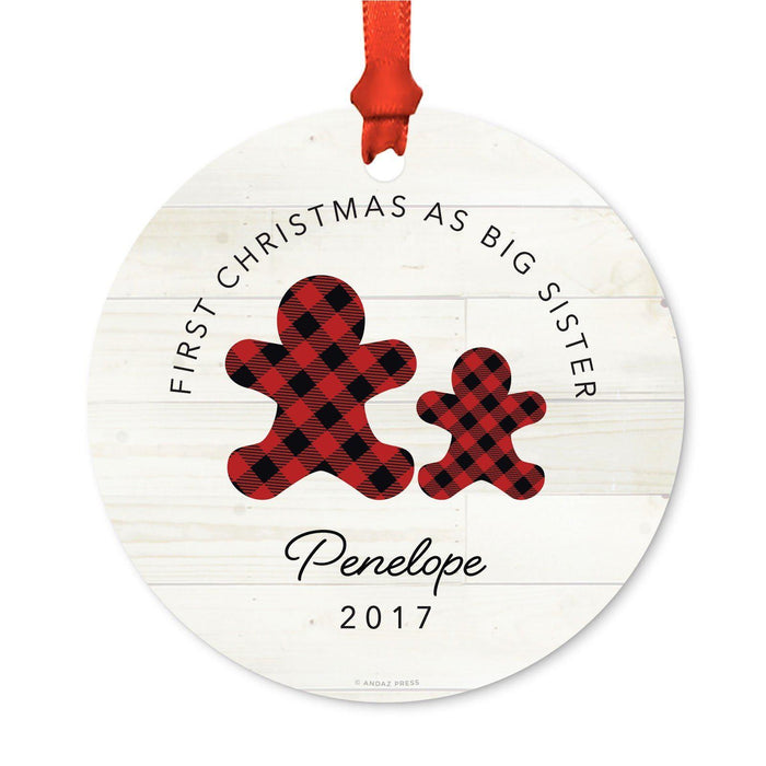 Custom Name Metal Christmas Ornament, My First Christmas, Lumberjack Buffalo Red Plaid-Set of 1-Andaz Press-Sophia Anne-