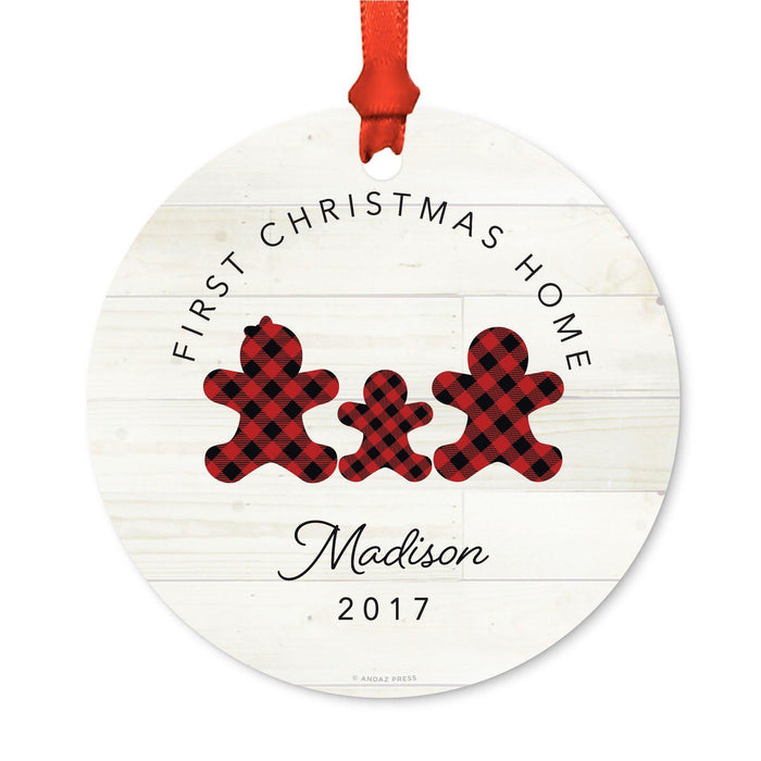 Custom Name Metal Christmas Ornament, My First Christmas, Lumberjack Buffalo Red Plaid-Set of 1-Andaz Press-Sophia Anne-