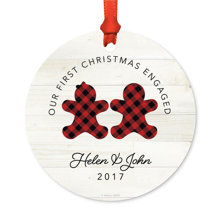 Custom Name Metal Christmas Ornament, My First Christmas, Lumberjack Buffalo Red Plaid-Set of 1-Andaz Press-Sophia Anne-