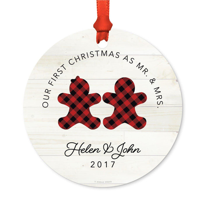 Custom Name Metal Christmas Ornament, My First Christmas, Lumberjack Buffalo Red Plaid-Set of 1-Andaz Press-Sophia Anne-