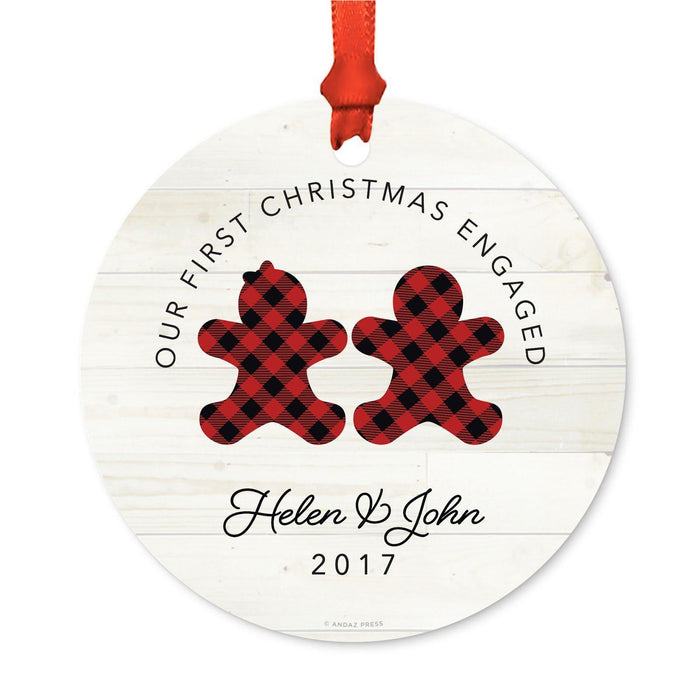 Custom Name Metal Christmas Ornament, My First Christmas, Lumberjack Buffalo Red Plaid-Set of 1-Andaz Press-Helen & John-
