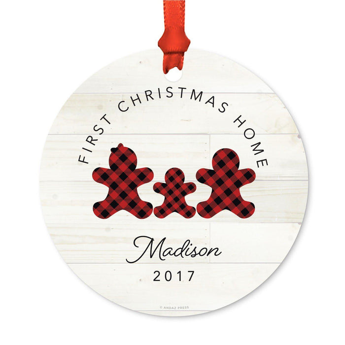 Custom Name Metal Christmas Ornament, My First Christmas, Lumberjack Buffalo Red Plaid-Set of 1-Andaz Press-Madison's First Christmas-