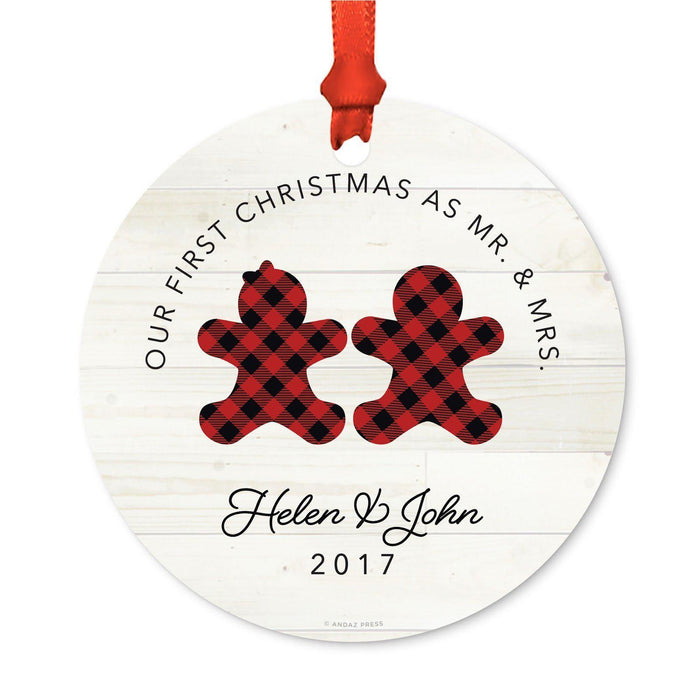 Custom Name Metal Christmas Ornament, My First Christmas, Lumberjack Buffalo Red Plaid-Set of 1-Andaz Press-Mrs. & Mrs-