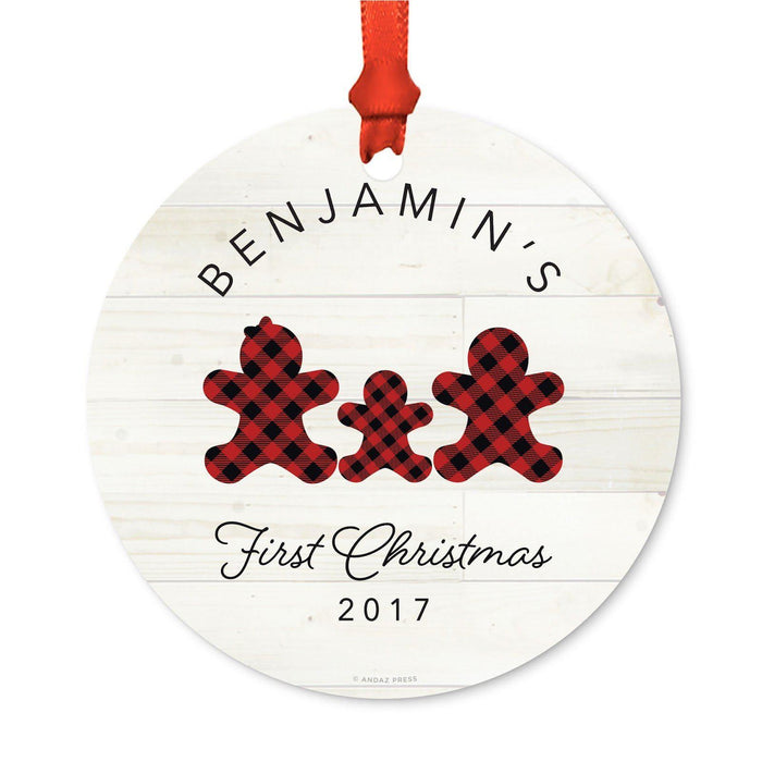 Custom Name Metal Christmas Ornament, My First Christmas, Lumberjack Buffalo Red Plaid-Set of 1-Andaz Press-Sarah's First Christmas-