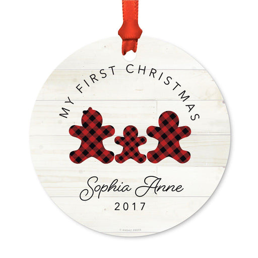 Custom Name Metal Christmas Ornament, My First Christmas, Lumberjack Buffalo Red Plaid-Set of 1-Andaz Press-Sophia Anne-