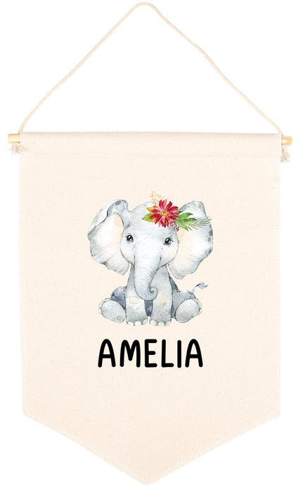 Custom Name Nursery Canvas Tapestry Wall Hanging Banner-Set of 1-Andaz Press-Custom Name & Elephant with Flower-