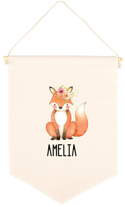 Custom Name Nursery Canvas Tapestry Wall Hanging Banner-Set of 1-Andaz Press-Custom Name & Fox with Flowers-