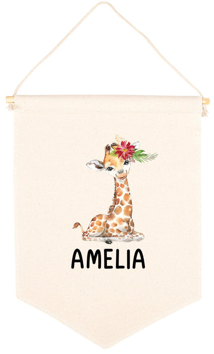 Custom Name Nursery Canvas Tapestry Wall Hanging Banner-Set of 1-Andaz Press-Custom Name Giraffe with Flower-