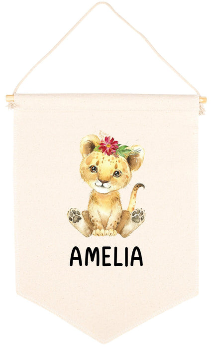 Custom Name Nursery Canvas Tapestry Wall Hanging Banner-Set of 1-Andaz Press-Custom Name & Lion with Flower-